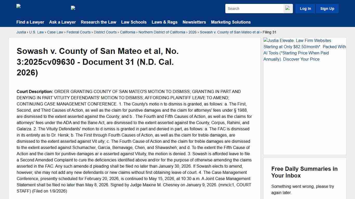 Sowash v. County of San Mateo et al, No. 3:2025cv09630 - Document 31 (N.D. Cal. 2026) :: Justia